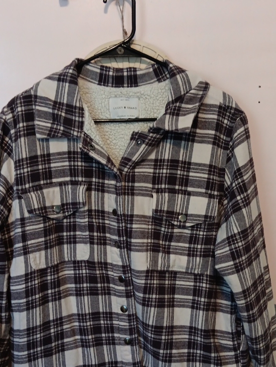 Lucky Brand Jackets & Blazers - Lucky Brand Sherpa-Lined Plaid Shacket in Off-White & Dark Brown